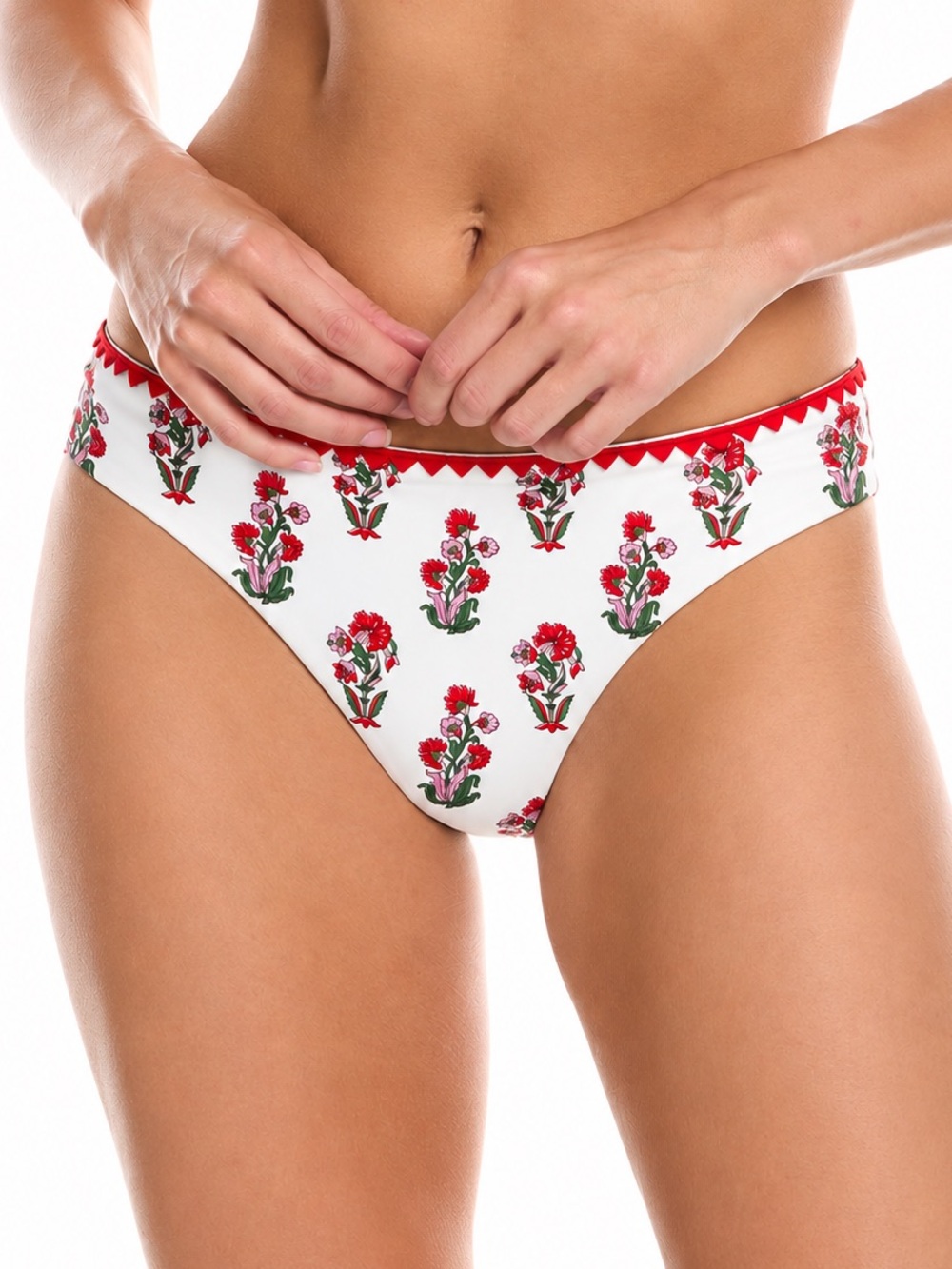 NWT A Loves A Reversible Floral Bikini Bottom Red Scallop Trim XL Embroidered